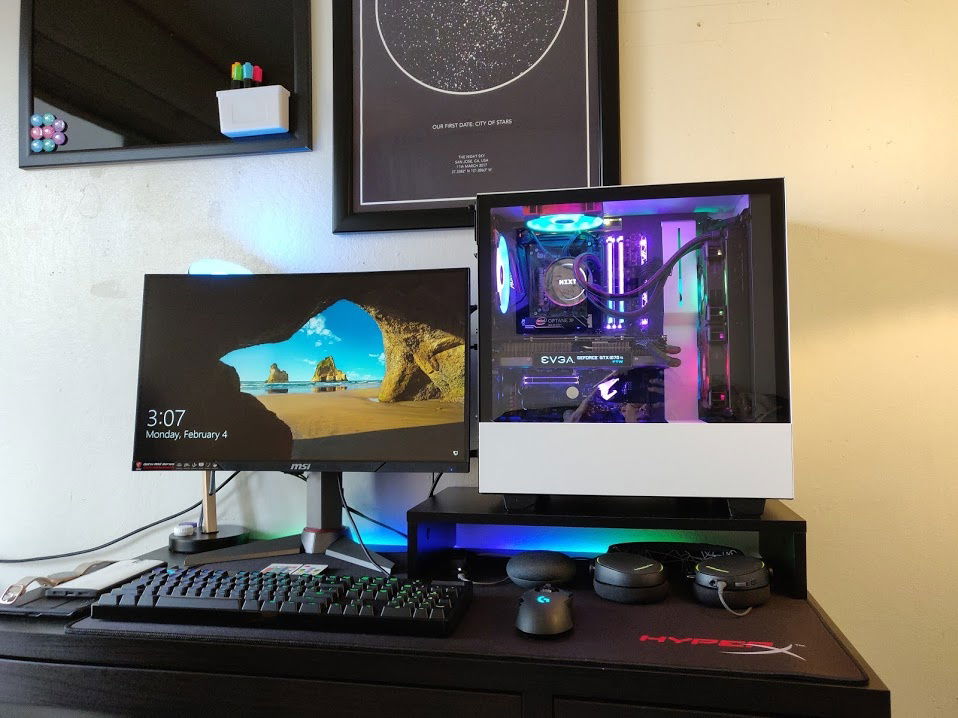 Fully displayed set-up with monitor, desk, lamp, et cetera in view! (with full, gross RGB capabilities on display)