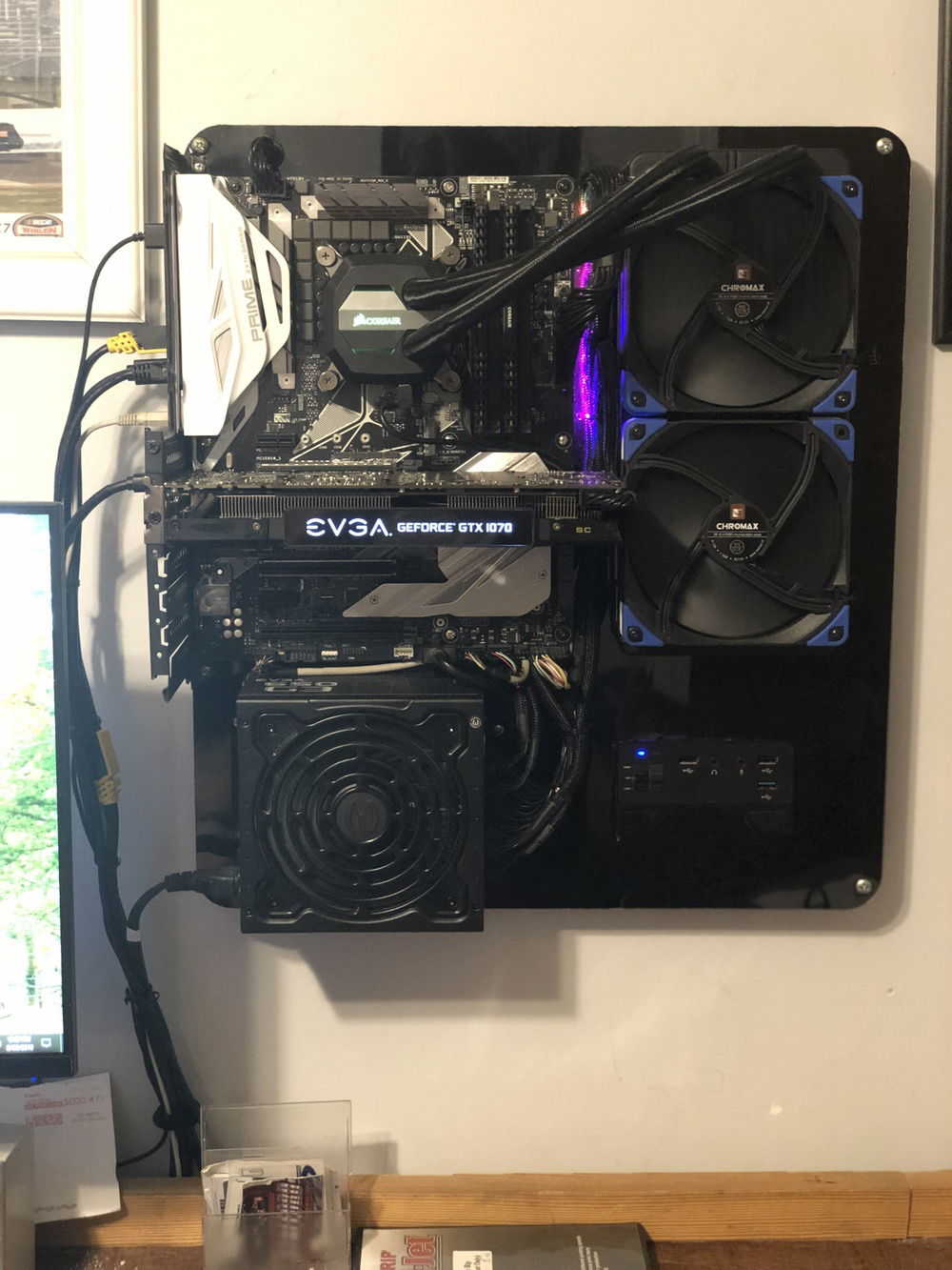 Mounted on the wall. Dropped 10-15 degrees package temp. room temp 72f cpu package max temp 65c