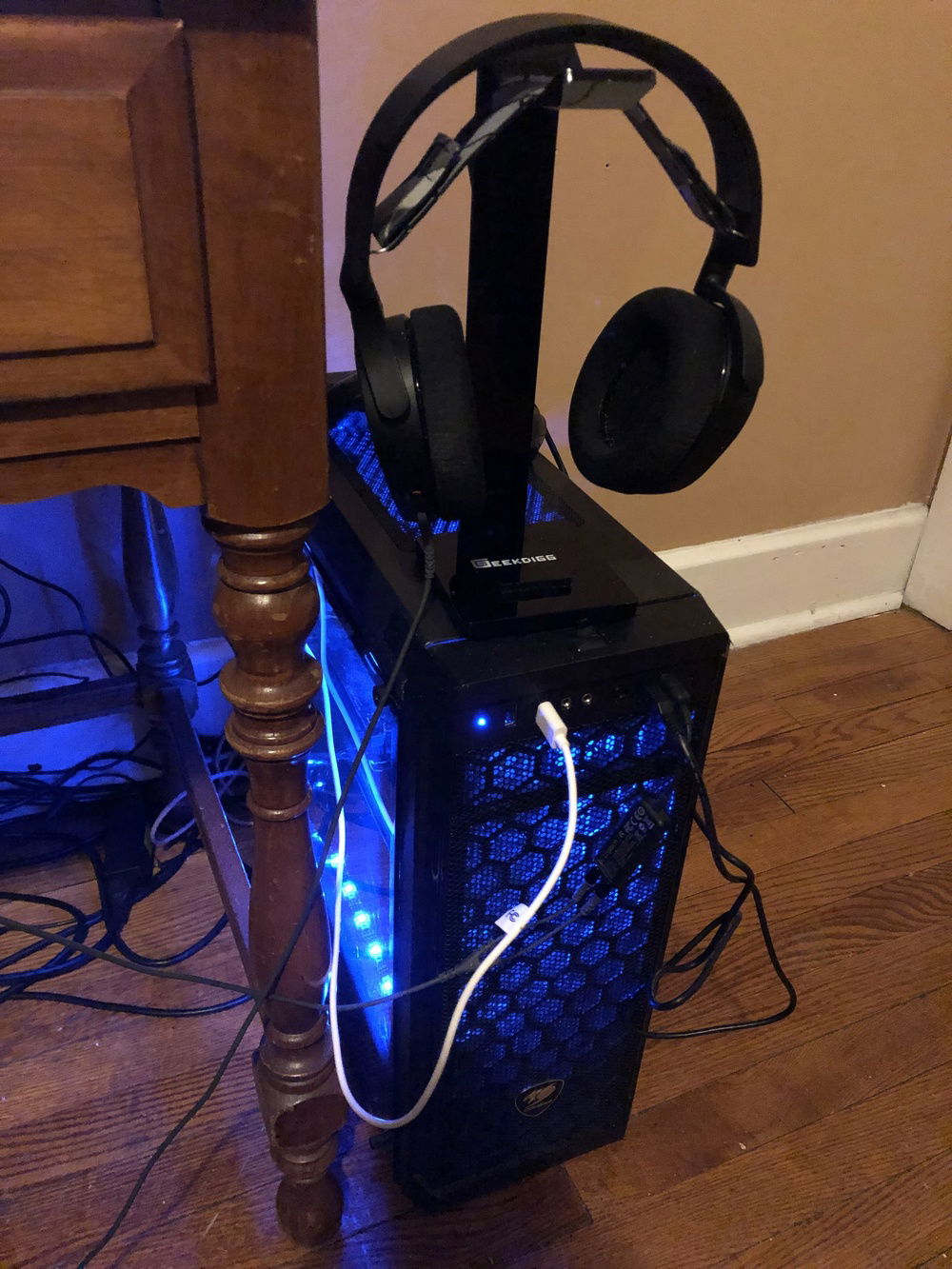 Ignore the cable management, this is my terrible college setup and desk