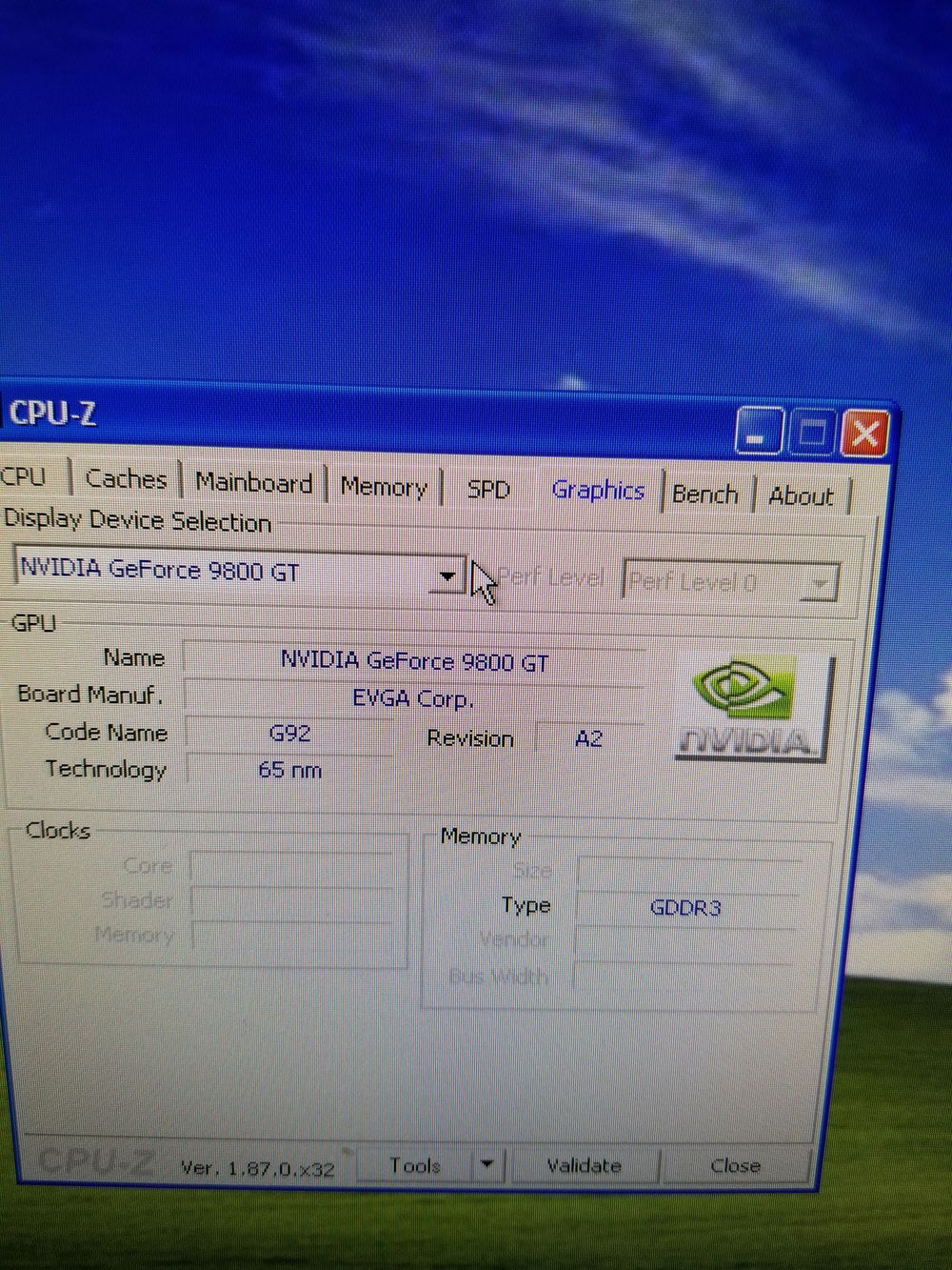 CPUZ showing the 9800GT